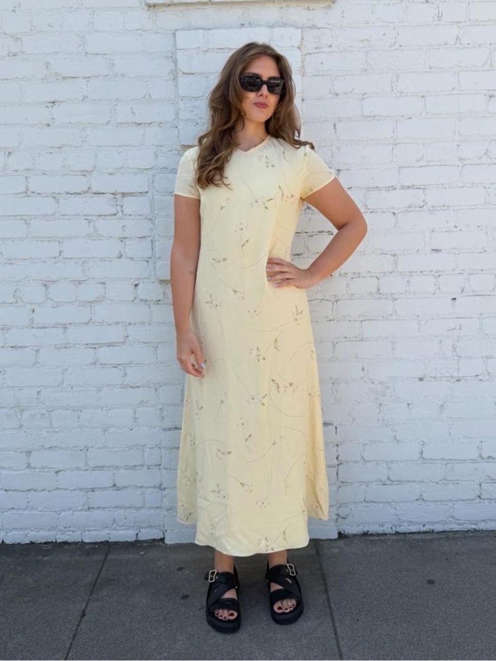 Vtg Ralph Lauren yellow silk midi dress with small floral print size 8